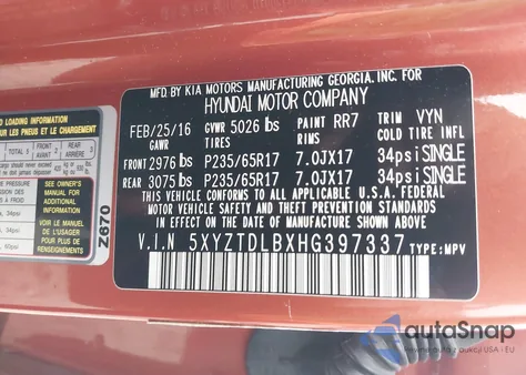 2017 Hyundai Santa Fe Sport 2.4L из США, поврежденный, VIN 5XYZTDLBXHG397337